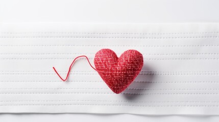 Red heart on white fabric background with copy space. Valentine's day concept.