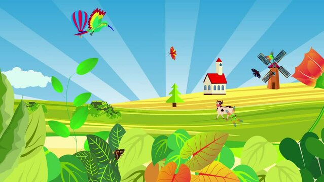 Green grass flying butterflis and dragonflies summertime 2d animation cartoon of giraffe and monkey