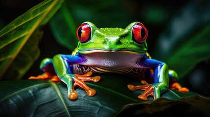 A vibrant tree frog nestled among tropical leaves in a rainforest
