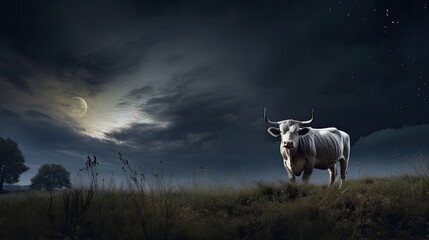 Bull in a tranquil meadow under a moonlit sky