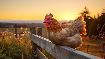 Hen perched on a quaint wooden fence at sunrise - Powered by Adobe