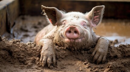 A content pig enjoying a lazy afternoon in a rustic mud bath