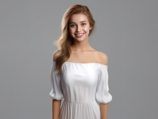 Obraz premium the 3D hyper-realistic world of fashion as a model strikes a pose over a gray background, adorned in a long silk gown with chiffon fabric. Generative AI.