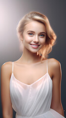 Fototapeta premium the 3D hyper-realistic world of fashion as a model strikes a pose over a gray background, adorned in a long silk gown with chiffon fabric. Generative AI.
