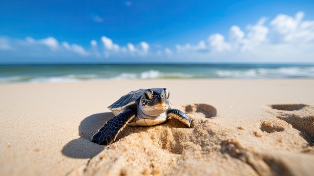 A playful baby turtle making its way across a sandy beach