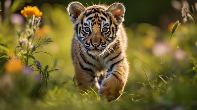 A playful tiger cub exploring a grassy clearing