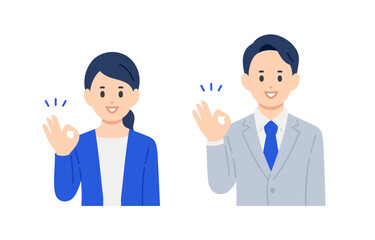 OKポーズをするビジネスパーソン男女のセット【人物ベクターイラスト素材】