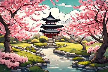 japanese garden with blossoms