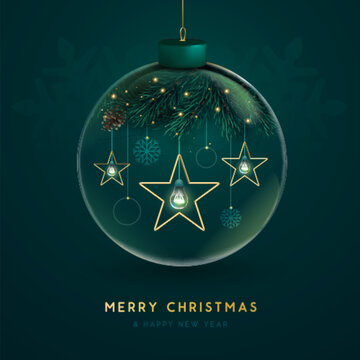 Christmas glass ball with Christmas tree branch, pine cone and glowing star lamps. Christmas greting card. Vector illustration