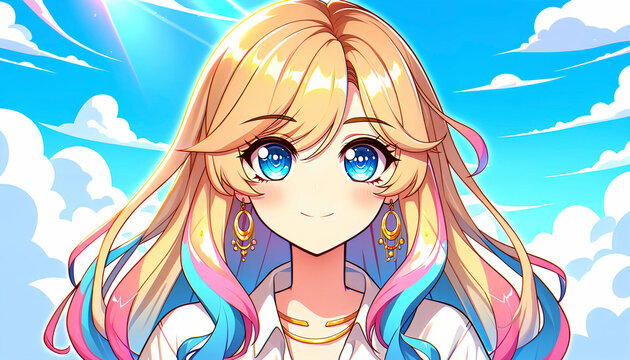 An anime-style young woman with large blue eyes and long golden blonde hair, featuring blue and pink highlights. Generative AI.