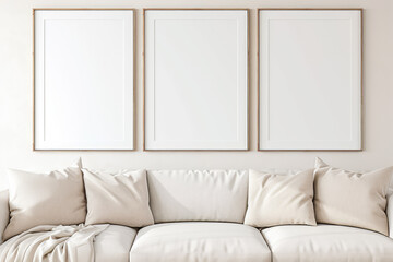 Three Frame mockup, Living room wall poster mockup. Interior mockup with house background. Modern interior design. - obrazy, fototapety, plakaty