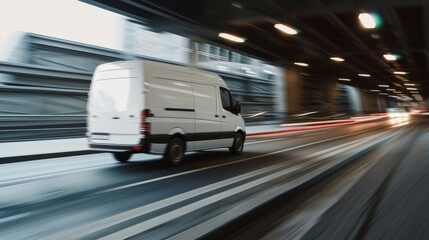 A white van is moving fast on a city road. White delivery and logistics machine