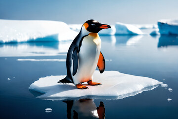 Obraz premium A penguin surrounded by melting glaciers, climate change concept