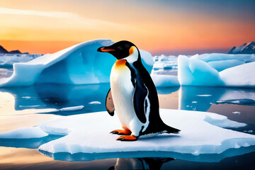 Obraz premium A penguin surrounded by melting glaciers, climate change concept