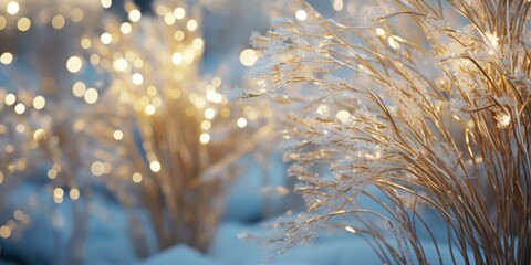 Winter lights on grass in the snow. Generative AI. - obrazy, fototapety, plakaty