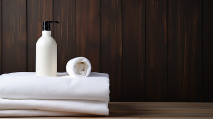 Beautiful spa and cosmetics products composition on wooden table Natural cosmetic products presentation Beauty, wellness, body care spa concept.