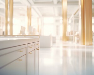 Fototapeta premium A white office with gold accents and a white counter. Generative AI.