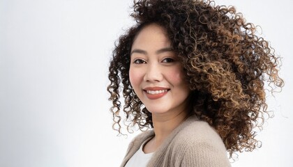 Radiant Smile: Portrait of a Woman with Curly Hair on White Background. Generative AI