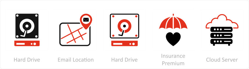A set of 5 Mix icons as hard drive, email locaion, hard drive