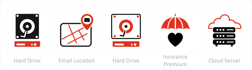 Fototapeta premium A set of 5 Mix icons as hard drive, email locaion, hard drive