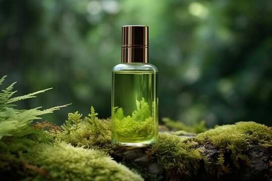 essential oil bottle mock up template, podium and celandine flowers backdrop for Natural cosmetic products presentation Beauty, wellness, body care spa concept.