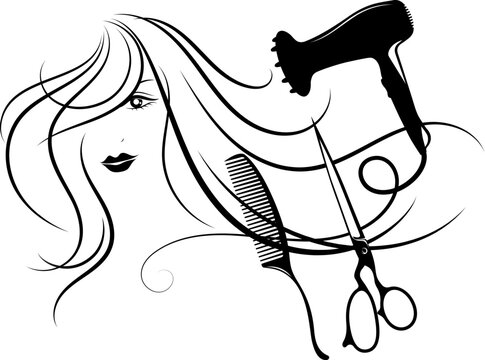 recommend clip art: Silhouette of a girl with beautiful curls of hair and scissors comb hairdryer