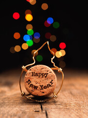 Cork of champagne bottle with inscription Happy New Year , New Year concept
