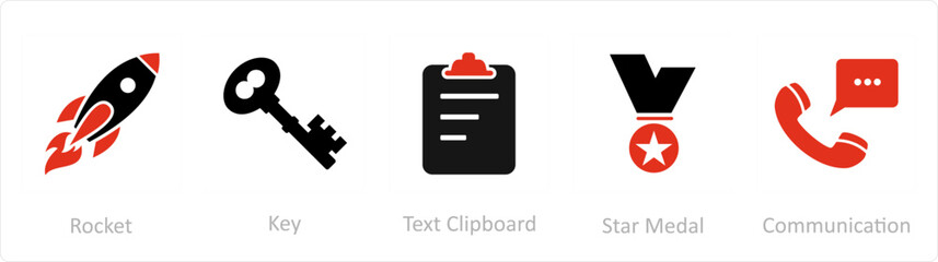 A set of 5 Mix icons as rocket, key, text clipboard