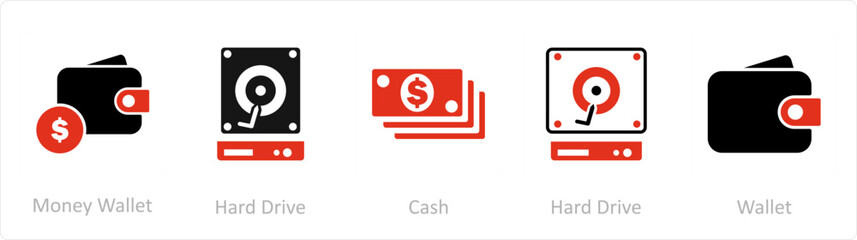 A set of 5 Mix icons as money wallet, hard drive, cash