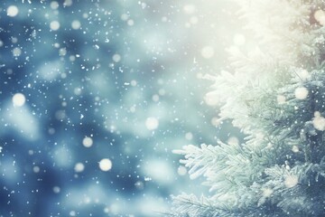 blue Christmas background with snowflakes and fir trees, Xmas