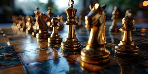 Gold Chess Pieces on Chessboard - Elegant Representation of Strategic Prowess 