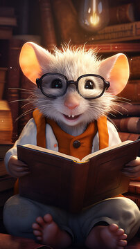 Cute baby mouse wearing glasses reading a book