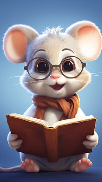 Cute baby mouse wearing glasses reading a book