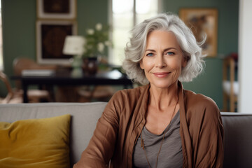 Obraz premium Smiling middle aged woman sitting on sofa at home, single mature senior in living room