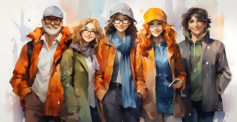 Happy Group of Diverse People in Winter Outdoor Clothing