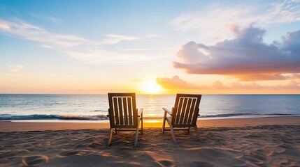 Two deck chairs for sunbathing on the beach, view at sunset. beautiful colorful sunset - obrazy, fototapety, plakaty