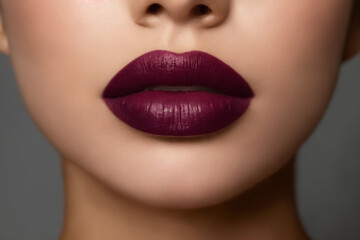 Close-up of beautiful lips with bordeaux lipstick - obrazy, fototapety, plakaty