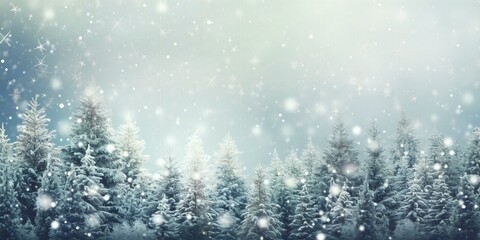 fir trees with snow, abstract defocused snowflakes 