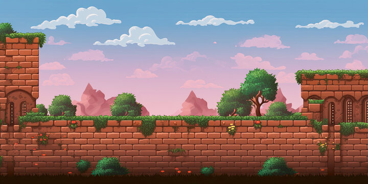 8-bit vintage video game style textured background wall landscape scrolling platform design illustration backdrop, generated ai