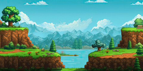 Video game style landscape background vintage retro 8-bit resolution computer graphics, generated ai
