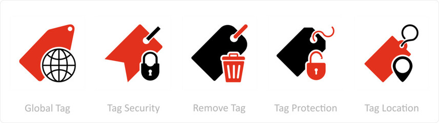 A set of 5 Business icon as global tag, tag security, remove tag