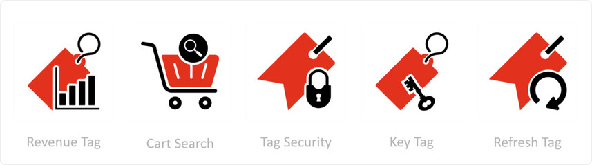 A set of 5 Business icon as revenue tag, cart search, tag security