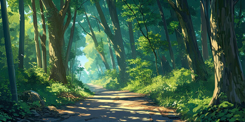 anime cartoon style woodland forest background banner, generated ai - obrazy, fototapety, plakaty