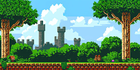 Castle background video game style illustration castles towers 8-bit, vintage computer graphics, generated ai - obrazy, fototapety, plakaty