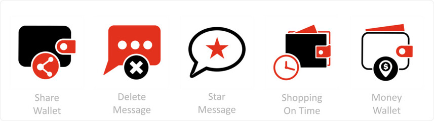 A set of 5 Business icons as share wallet, delete message, star message