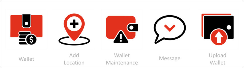 A set of 5 Business icons as wallet, add location, wallet maintenance