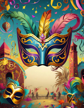 ilustración vertical con motivos de carnaval, mascaras, cerpentinas, y con espacio para introducir texto