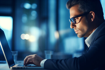 a closeup of businessman using laptop