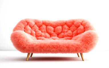 Coral fluffy sofa isolated on white. Modern coral furry sofa on wooden legs on white background