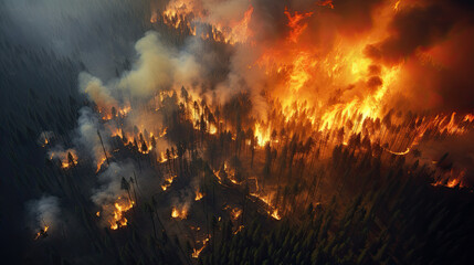 Obraz premium Aerial view Real Forest fire disaster wildfire nature destruction